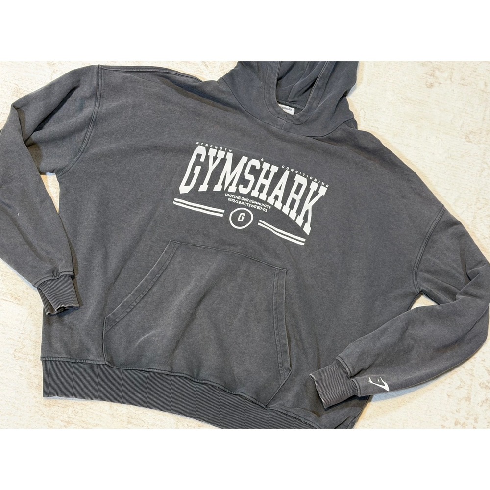 Gymshark Women Charcoal Grey Graphic Hoodie Oversized Sweatshirt Size S B5A4L - Picture 2 of 6